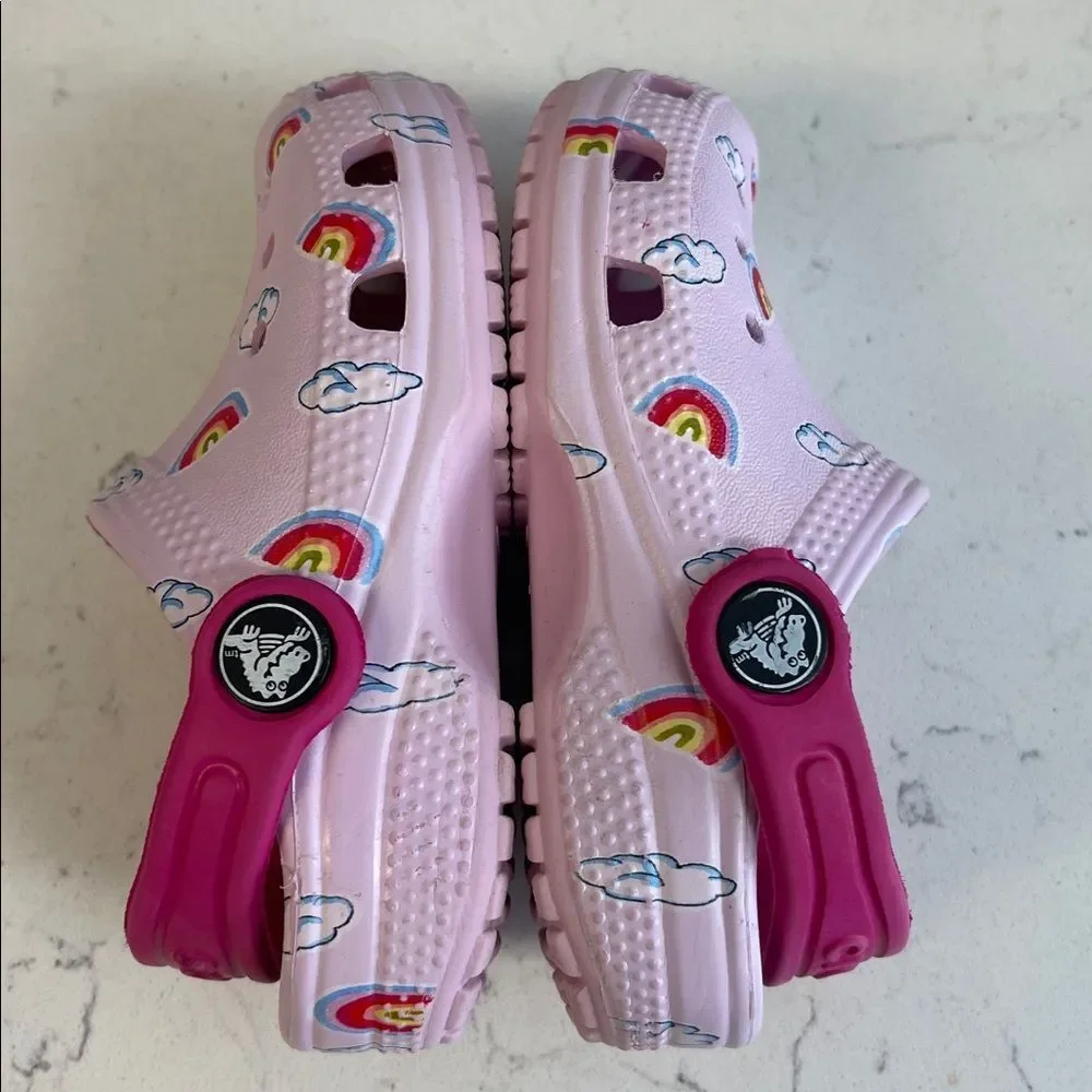 CROCS Kids Light Pink Clogs with Rainbow & Cloud Design Size 7